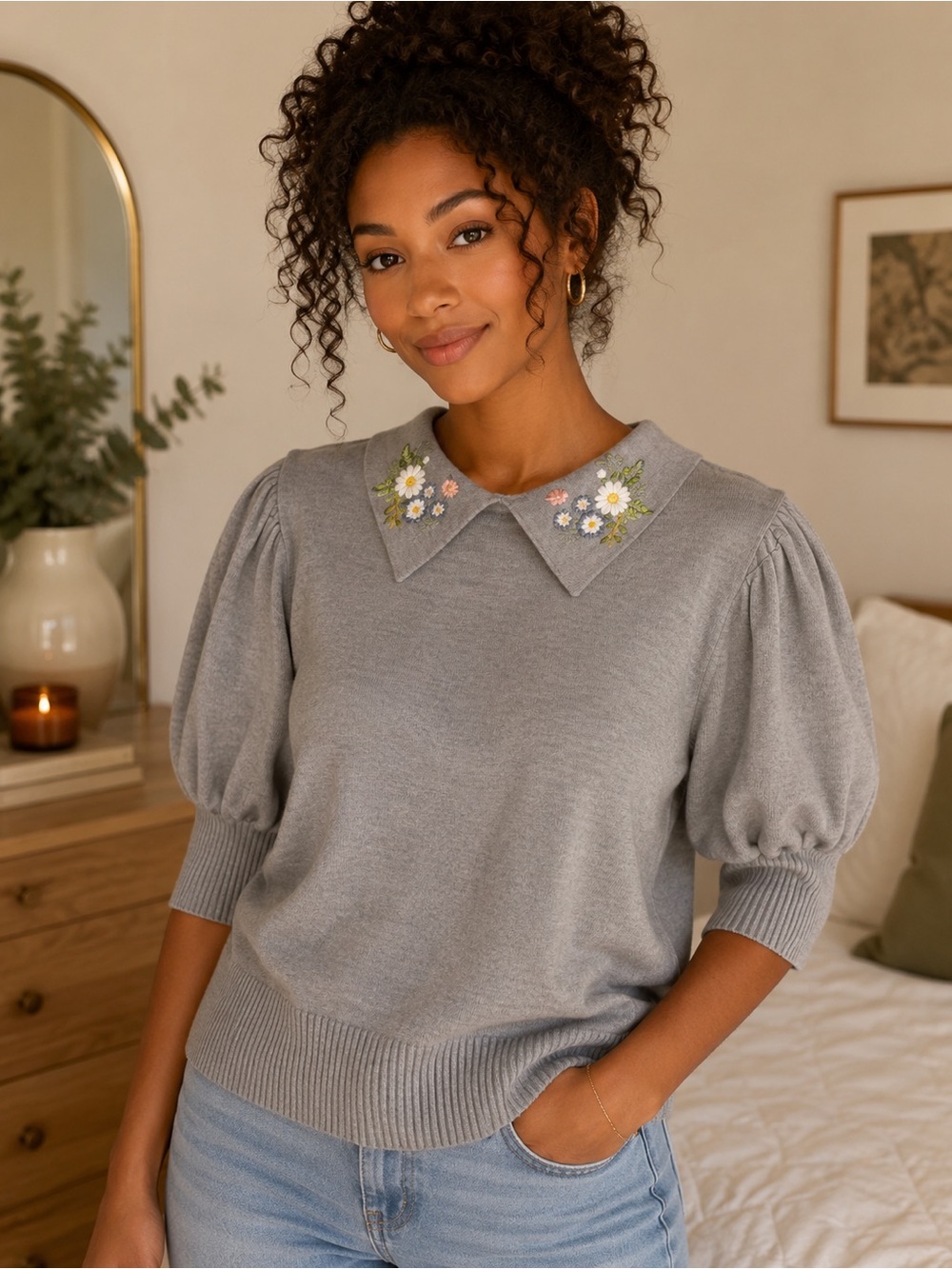 Embroidered Collar Puff-Sleeve Knit Top — Gray